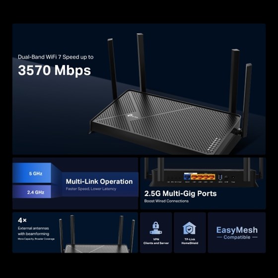 TP-Link Archer BE230, BE3600 Dual Band Wi-Fi 7 Router