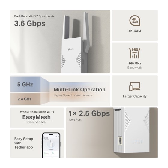 TP-Link RE235BE, BE3600 Dual-Band Wi-Fi 7 Range extender 