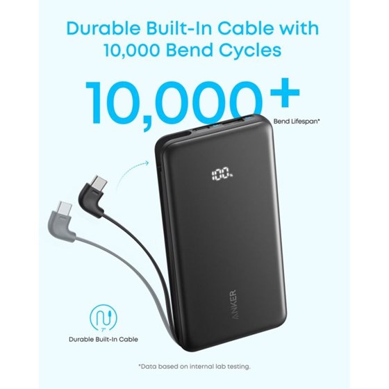 Anker Zolo Powerbank 10.000 mAh, 22.5W sa ugrađenim kablom USB-C, crni