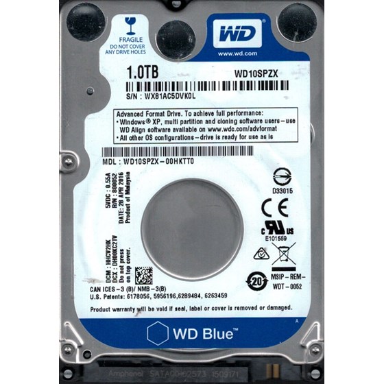HDD 1TB Western Digital Mobile Blue 2.5" SATA 3 128MB 5400rpm P/N: WD10SPZX