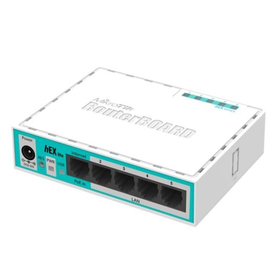 MikroTik hEX lite, 5x Ethernet, Small plastic case, 850MHz CPU, 64MB RAM, Most affordable MPLS routerOS L4, MIK-HEX LITE, Router