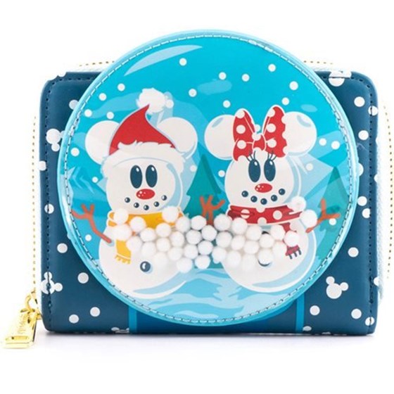 LOUNGEFLY DISNEY SNOWMAN MICKEY MINNIE SNOW GLOBE ZIP AROUND WALLET