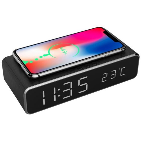 Gembird Digital alarm clock with wireless charging function, black